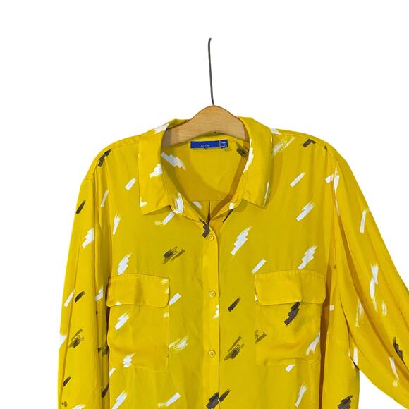 Apt. 9 Yellow Print Button Down Blouse Women’s Plus 3X Long Sleeve - Picture 2 of 6